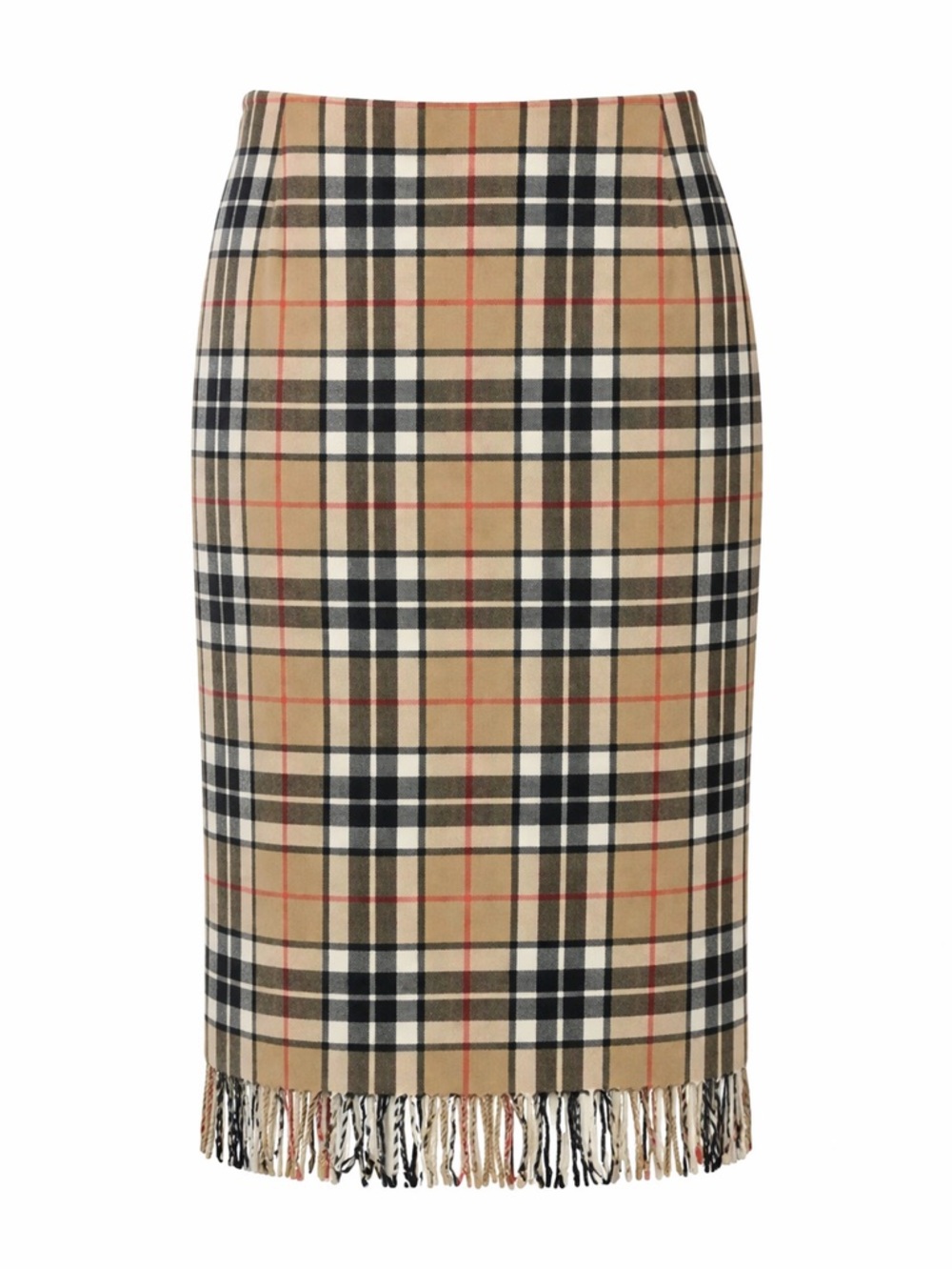 Scottish Vintage plaid skirt tan black red fringe hem wool midi  Fits Size 6